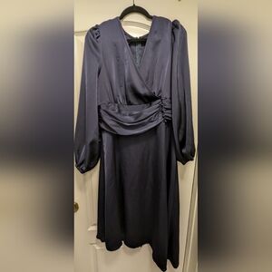 Satin V Neck Long Lantern Sleeve Navy Blue Asymmetrical Dress - Classy